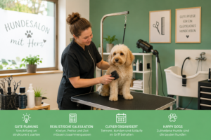 Hundefriseurin bei der Arbeit mit einem Hund im eigenen Hundesalon